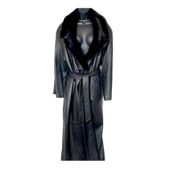 Lord Taylor Black Vintage Long Suede Leather Coat W/Faux Fur